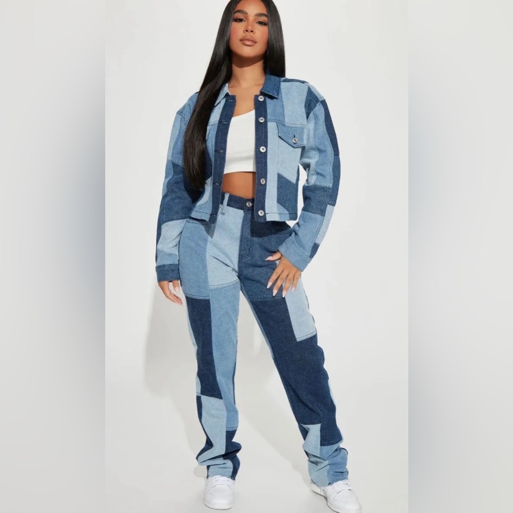 Fashion Nova Hey Girl Patchwork Denim Cropped & Jacket Straight Leg Jeans 14 XL